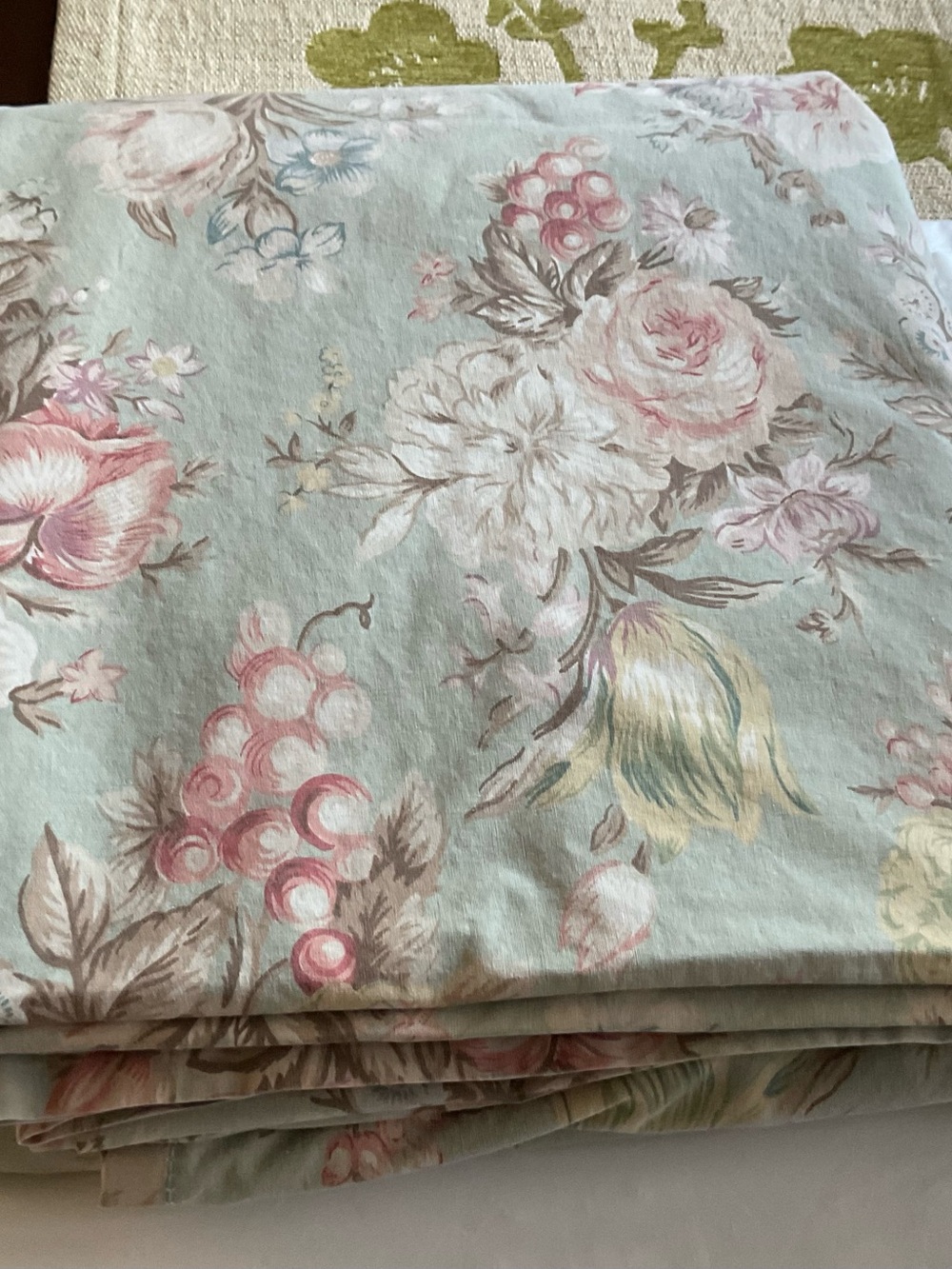 Vintage Ralph Lauren Sage Charlotte Foral QUEEN Flat Sheet- Rare, Made In USA